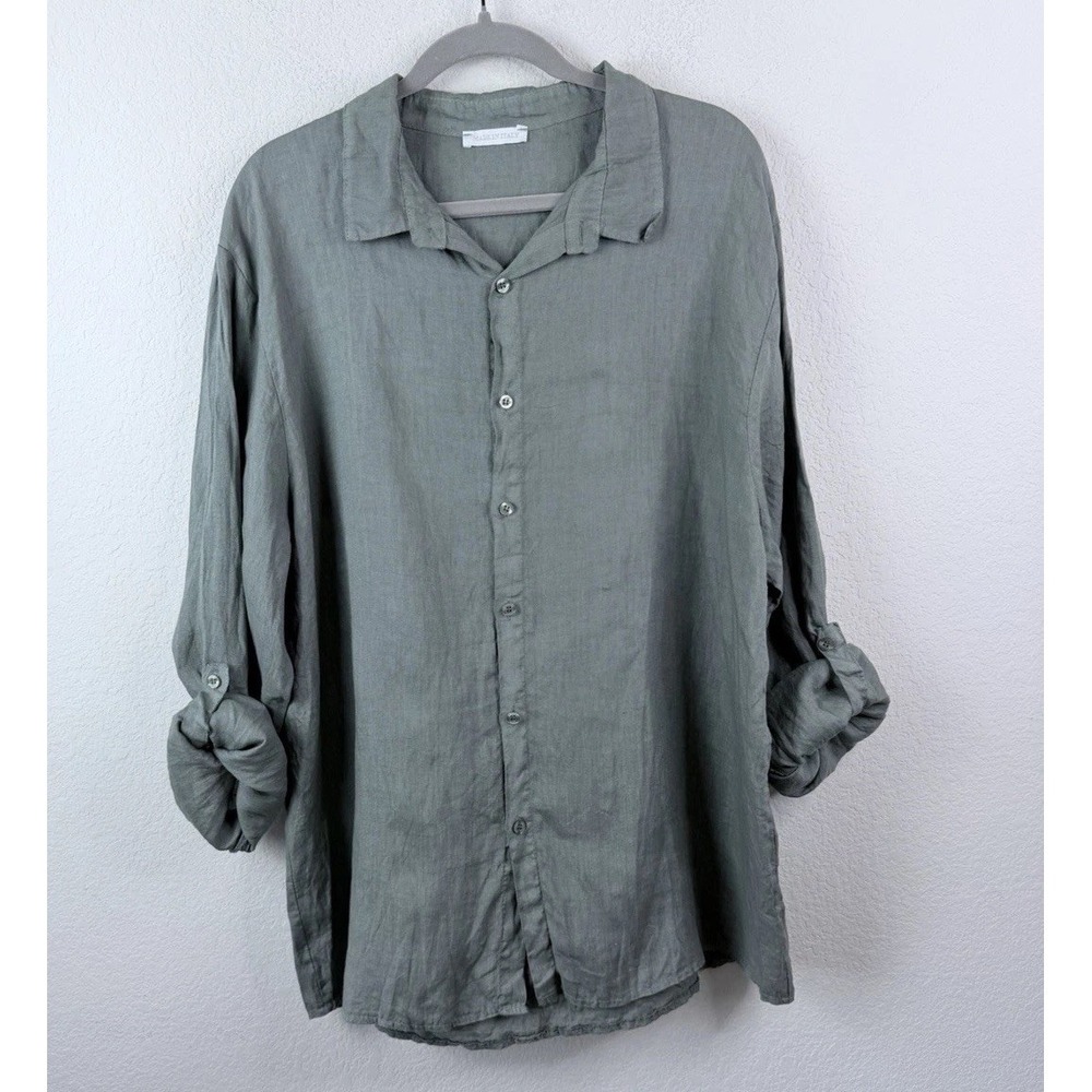 Made in Italy 100% Linen Button Front Shirt‎ Olive Green 5XL Lagenlook Coastal